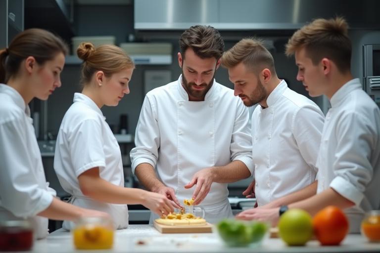 Gruppo di studenti in grembiuli da pasticcere, attenti e curiosi, che osservano un maestro esperto mentre dimostra una tecnica di pasticceria in un laboratorio moderno e ben illuminato.