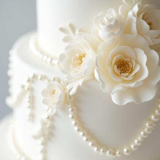 Dettaglio ravvicinato di una magnifica torta nuziale bianca, adornata con delicati decori floreali in glassa e perle commestibili, che esprime eleganza e minuzia artigianale.