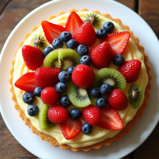Una invitante crostata con frutta fresca di stagione disposta artisticamente, come fragole, mirtilli e kiwi, su un letto di crema pasticcera all'interno di una base croccante di pasta frolla.
