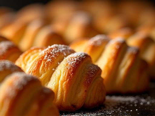 Un primo piano di sfogliatelle ricce tradizionali napoletane, appena sfornate, con la loro inconfondibile forma a conchiglia e la pasta sfoglia croccante, pronte per essere gustate.